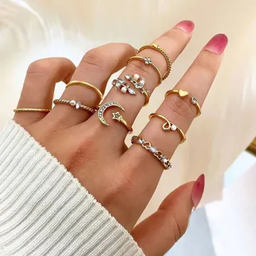 Crystal Leaf Flower Moon Star Pearl Knuckle Ring Set (10 pcs)